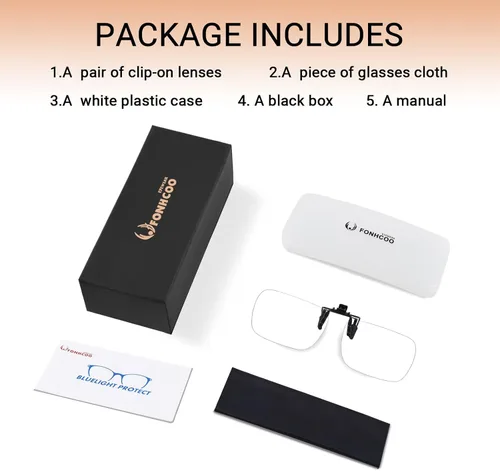 Vista 6 de FONHCOO Gafas de bloqueo de luz azul con clip, paquete de 2 gafas de juego para mujeres y hombres, lentes transparentes abatibles, lentes de luz
