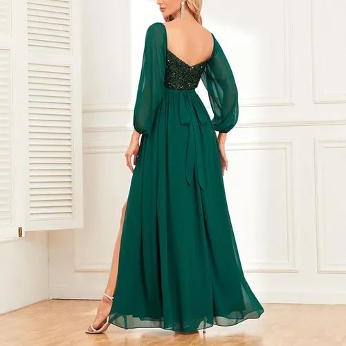 Vista 7 de Vestido bohemio para mujer, Brillante, Vestidos Fiesta cóctel, lentejuelas, fluido, largo, midi, cintura fruncida