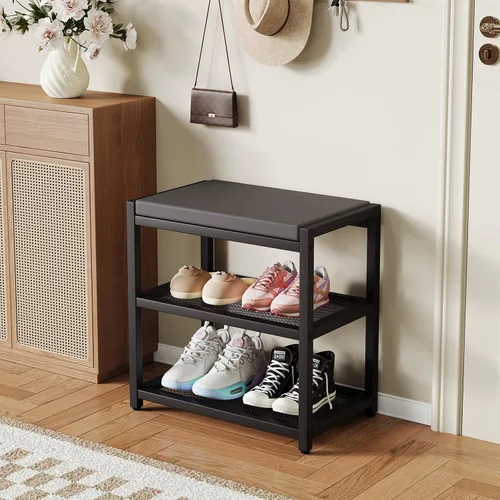 Vista 2 de ZHOOGE Banco pequeño para zapatos, banco de almacenamiento, banco de entrada, estante de zapatos con cojín de asiento, organizador de zapatos
