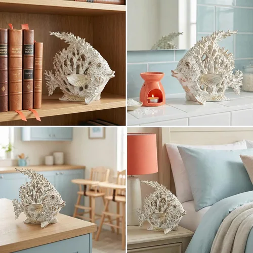 Vista 7 de Estatua de pez ángel de arrecife de coral blanco, decoración costera de playa, figura náutica del océano para baño, hogar, oficina, estante de mesa