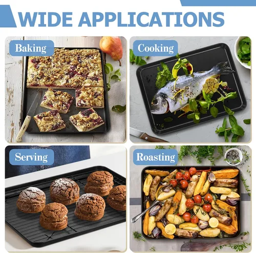Vista 7 de TeamFar Juego de 4 bandejas para hornear con estante, 16 x 12 x 1 pulgadas, bandeja antiadherente para hornear galletas con estante de enfriamiento