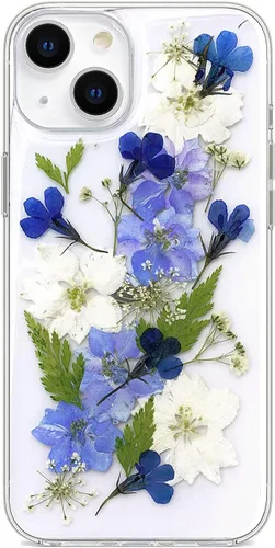 Vista 13 de Abbery Funda diseñada para iPhone 13 Pro con diseño de flores prensadas con purpurina y diseño de goma de silicona suave, diseño de flores reales