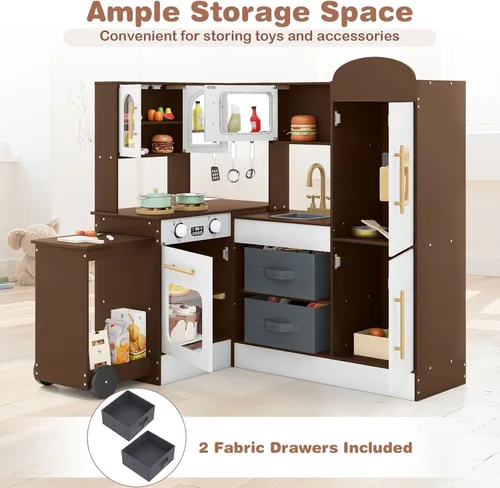 Vista 7 de INFANS Cocina esquinera para niños, juego de madera con carrito telescópico, luces realistas, sonidos, máquina de hielo, cajones de tela, horno