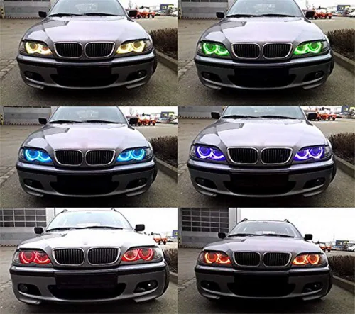 Vista 4 de iJDMTOY Juego de 4 anillos de halo LED RGB de 7 colores con ajuste ajustable compatible con BMW E39 E46 3 5 7 Series Xenon Trim