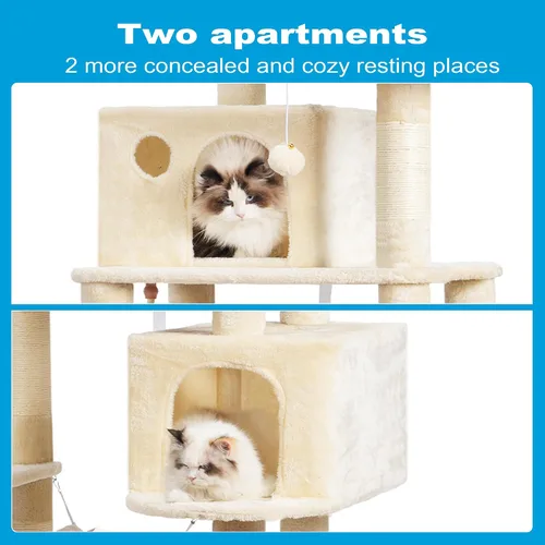 Vista 5 de Hey-brother - Mueble grande de casita de gato multinivel con postes rascadores cubiertos de sisal, 2 condominios de felpa más grandes, hamaca Beige