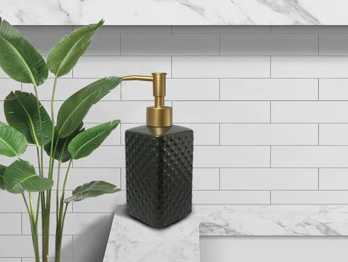 Vista 3 de Dispensador de jabón dorado para baño, dispensador de loción cuadrado negro, dispensador de jabón de manos de cerámica recargable para encimera