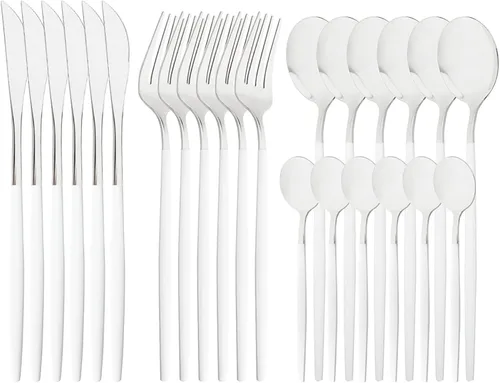 Vista 12 de Juego de cubiertos de acero inoxidable 18/0 con espejo, 24 piezas, incluye cuchillo, tenedor, cuchara, cucharadita, cubiertos para el hogar, Dorado
