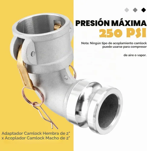 Vista 2 de Accesorio de manguera tipo DA para leva y ranura, codo de 90 grados, Camlock hembra de 2 pulgadas x 2 pulgadas Camlock macho, 250 PSI