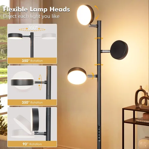 Vista 4 de Lámpara de pie de árbol Benaep para sala de estar - Moderna lámpara de pie negra, luz de suelo LED con control remoto y táctil, 3000K-6000K