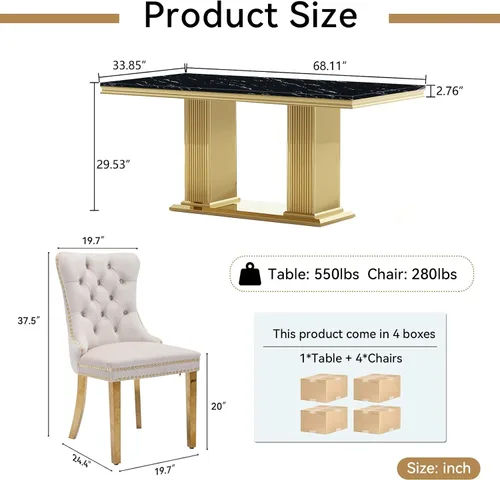 Vista 9 de Juego de mesa de comedor de mármol para 4, mesa de cocina rectangular de mármol negro de 68 pulgadas con base en H de acero inoxidable dorado, juego
