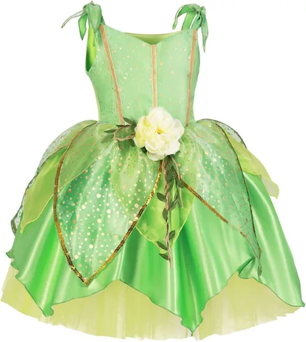 Vista 3 de IMEKIS Disfraz de princesa de hadas para niñas con alas de hadas verdes para niños, Halloween, cosplay, cumpleaños, conjunto