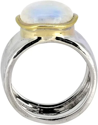 Vista 5 de YoTreasure Anillo de banda ancha de plata de ley 925 maciza martillada con piedra lunar de latón