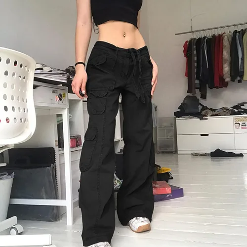 Vista 2 de Juakoso Y2K - Pantalones rectos de pierna ancha para mujer pantalones retro con bolsillos Harajuku Street Wear para niñas de los años 90