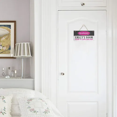 Vista 3 de Señales de advertencia personalizadas "Enter at Your Own Risk" personalizadas para habitación de niñas, entrada, puerta, letreros de madera