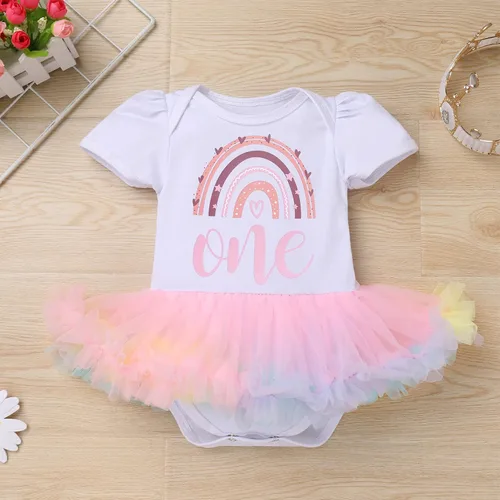 Vista 3 de ODASDO Conjunto de 3 piezas de ropa para bebé niña para primer cumpleaños, tutú de arcoíris, princesa, mameluco, tiara, zapatos, 3 piezas