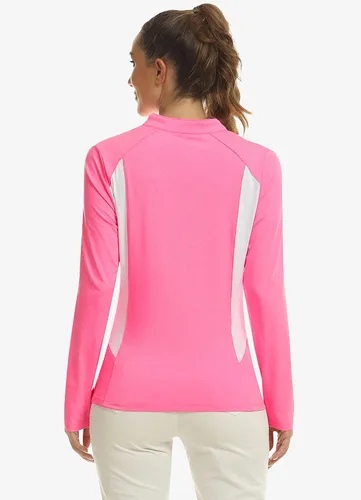 Vista 3 de MoFiz Polo de tenis de golf con cremallera para mujer, manga larga, sin cuello, atlético, de secado rápido, para senderismo, ajuste delgado