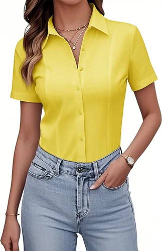 Vista 17 de Siliteelon Camisetas de Botón para Mujer, Ajustadas, de Manga Corta, Elásticas, Camisa de Vestir, Sin Arrugas, Sólida, Blusa de Trabajo