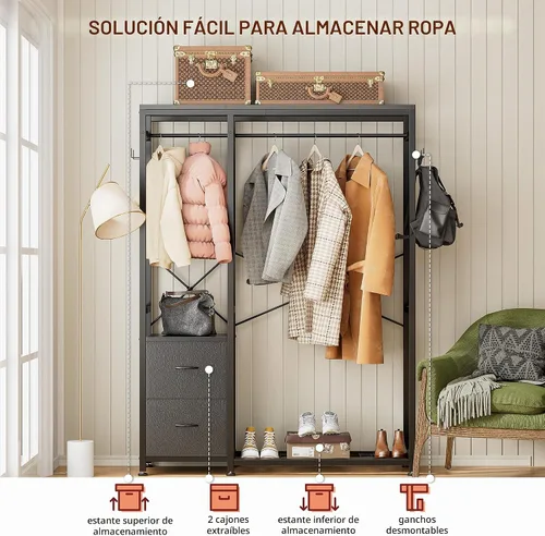 Vista 7 de Lulive - Perchero de ropa, estante resistente para colgar ropa, estantes industriales para ropa con 2 cajones de tela, 4 ganchos, 2 varillas
