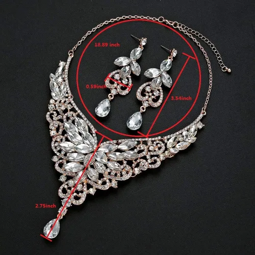 Vista 3 de Hapibuy Juego de joyas de novia para mujer y novia, collar de cristal y aretes colgantes, para vestido de graduación, Cristal, Circonita cúbica