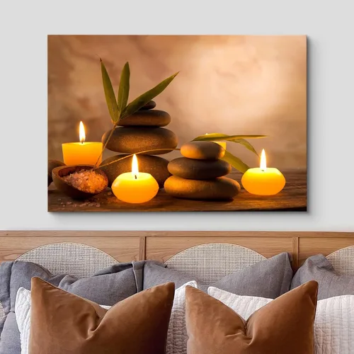 Vista 3 de wall26 Lienzo impreso para pared, velas con piedras de masaje en un ambiente romántico marrón, floral, naturaleza, fotografía, realismo, bohemio