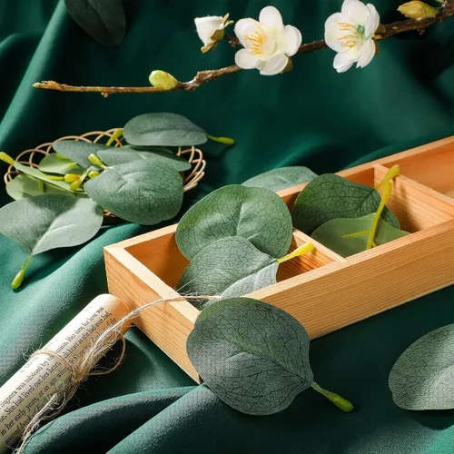 Vista 3 de WILLBOND Más de 400 hojas de eucalipto, pétalos de eucalipto falsos bohemios, decoración de mesa de boda, confeti verde suelto para decoración