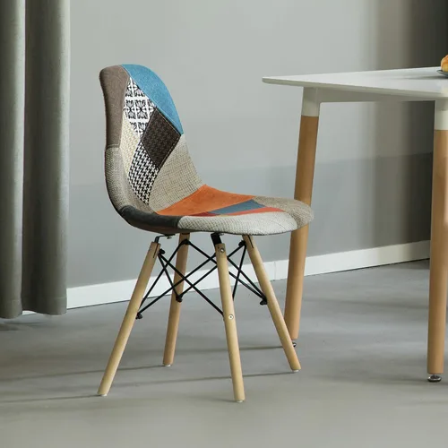 Vista 2 de Silla de comedor moderna de mediados de siglo tapizada de plástico multicolor Patchwork DSW Shell con patas Eiffel de clavija de madera