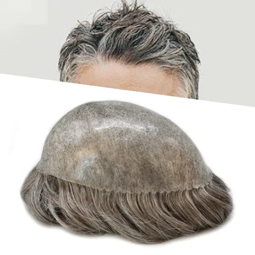 Vista 51 de Toupee para hombres Sistema de reemplazo de cabello humano real para hombres Completo PU Mens Hairpiece de aspecto natural para hombre piezas