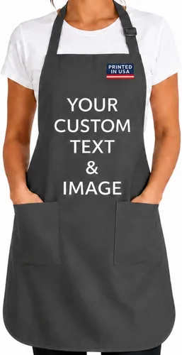 Vista 10 de Delantal personalizado con nombre o logotipo personalizado, cuello ajustable, 2 bolsillos, mezcla de algodón de fácil cuidado Crema
