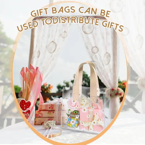 Vista 5 de Clysee 24 bolsas de regalo transparentes con asas, bolsa de plástico transparente con margaritas, reutilizable, bolsa de PVC transparente, embalaje