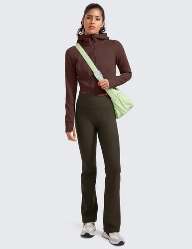Vista 3 de CRZ YOGA Sudadera corta con capucha y cremallera completa para mujer, para entrenamiento, atlética, casual, manga larga, con agujeros para el pulgar
