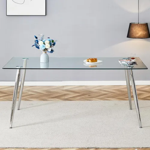 Vista 4 de A 71"x35.4" Heat Resistant Clear Tempered Glass Dining Table with Silver Metal Legs