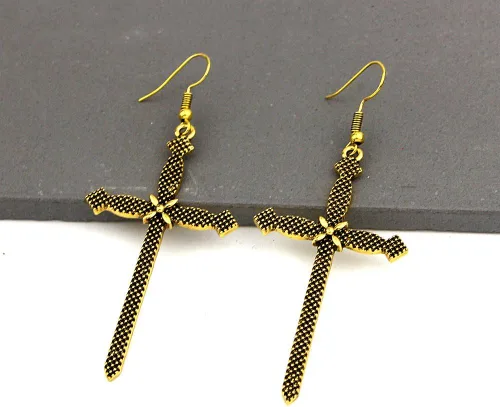 Vista 3 de DoubNine Pendientes de cruz grandes retro bohemios góticos cuelgan ganchos para las orejas joyería nupcial de boda para mujer (dorado), Zinc, No es