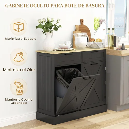 Vista 4 de HOMCOM Armario de basura inclinable, 10 galones, 2 cajones, casa de campo Negro
