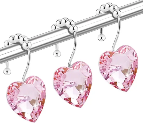 Vista 8 de Ganchos de cortina de ducha de cristal negro con diamantes para baño, 12 unidades, anillos de acero inoxidable plateados a prueba de óxido, colgador
