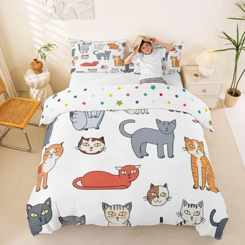 Vista 7 de Feelyou Juego de funda nórdica con estampado de gatos, tamaño individual