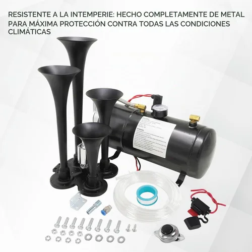 Vista 6 de Kit de bocinas de tren de 150DB con 4 trompetas, súper fuerte con compresor de aire de 150 PSI 12V, tanque compresor de bocina de aire