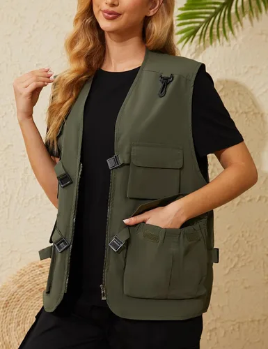 Vista 5 de Wyeysyt Chaleco de pesca para mujer, chaleco de viaje para trabajo al aire libre con múltiples bolsillos