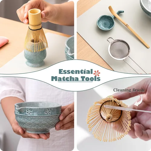 Vista 3 de Juego de té Matcha, kit japonés de 8 piezas con cuenco cerámico de diseño de flores de cerezo y olas, batidor de bambú, soporte para batidor