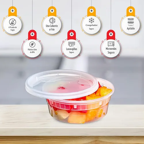 Vista 2 de Recipientes de 8 onzas con tapas a prueba de fugas, paquete de 50 recipientes de plástico transparente sin BPA para almacenamiento de alimentos