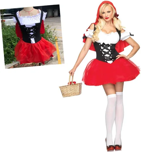 Vista 9 de Vestido rojo para mujer con capucha roja con velo, disfraces de Halloween, disfraces de adultos, disfraz rojo, baile de graduación, trajes rojos