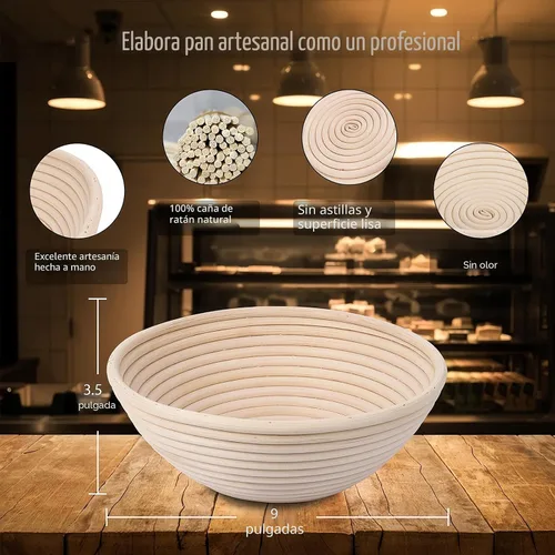 Vista 7 de Banneton - Cesta de prueba de pan, juego de 2 cestas (redondas de 9 pulgadas) – Banneton de ratán natural con 4 forros de lino – Cesta de pan