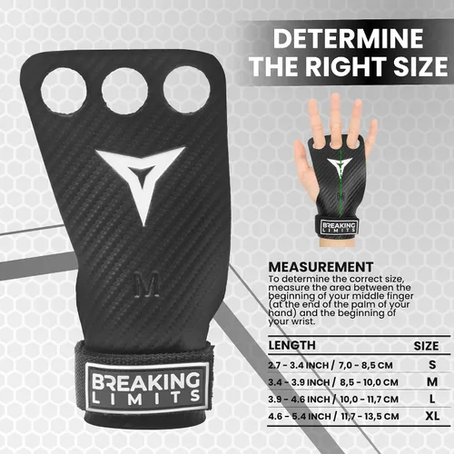 Vista 6 de BREAKING LIMITS Crossfit Grips - Puños de gimnasia de 3 agujeros, agarre de mano de carbono, Calleras para Crossfit, agarre de gimnasia para hombres