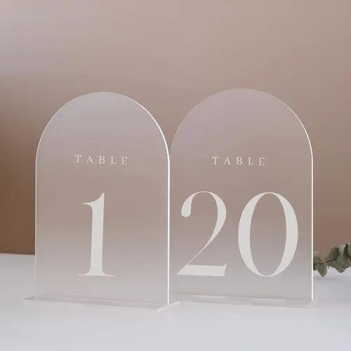 Vista 14 de Números de mesa de arco esmerilado para recepción de boda, paquete de 10 piezas de 5x7" Signos acrílicos de arco esmerilado con soporte, números