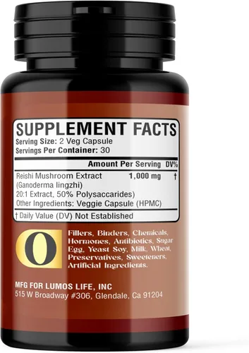 Vista 3 de Cápsulas de suplemento de hongos Reishi - Orgánico - Hecho en Estados Unidos - Extracto de cuerpos fructíferos - 1000 mg, 30% polisacáridos - Apoyo