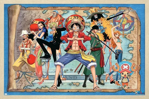 Vista 7 de One Piece - Póster de pared con mapa grupal, 22.4 pulgadas de largo x 14.7 pulgadas de ancho, versión enmarcada de madera de granero