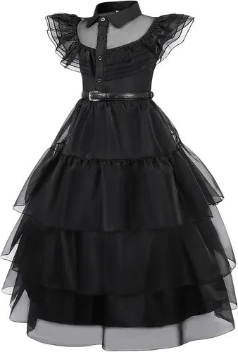 Vista 2 de Benylion Wednesday Costume Dress for Girls Kids Black Tulle Tutu Dresss with Belt Stage Show Halloween Party Outfit
