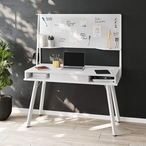 Vista 2 de Techni Mobili Escritorio para computadora de estudio con almacenamiento y pizarra blanca magnética de borrado en seco, color blanco
