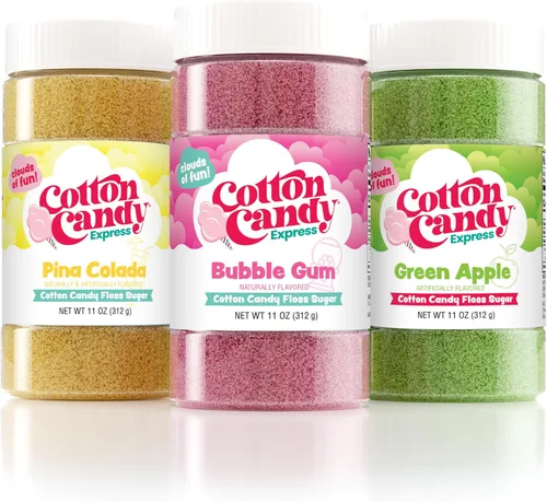 Vista 3 de Cotton Candy Express Paquete variado de azúcar de hilo dental con seis frascos de plástico de 11 onzas en total de cereza, frambuesa azul, uva