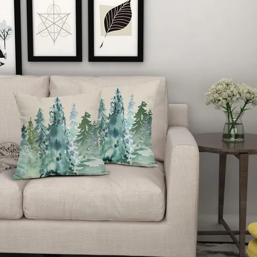 Vista 7 de Juego de 2 fundas de almohada de árbol de acuarela de invierno de 16 x 16 pulgadas, color azul y verde, estilo rústico, estampado de bosque natural