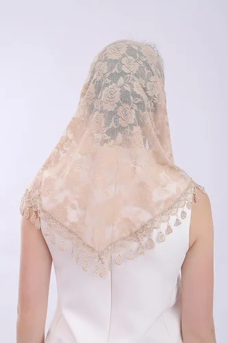 Vista 5 de Cilkus Velo de encaje Triángulo Mantilla velo Mantón o Bufanda Latina Masa Cabeza Cubierta con Flecos Encaje